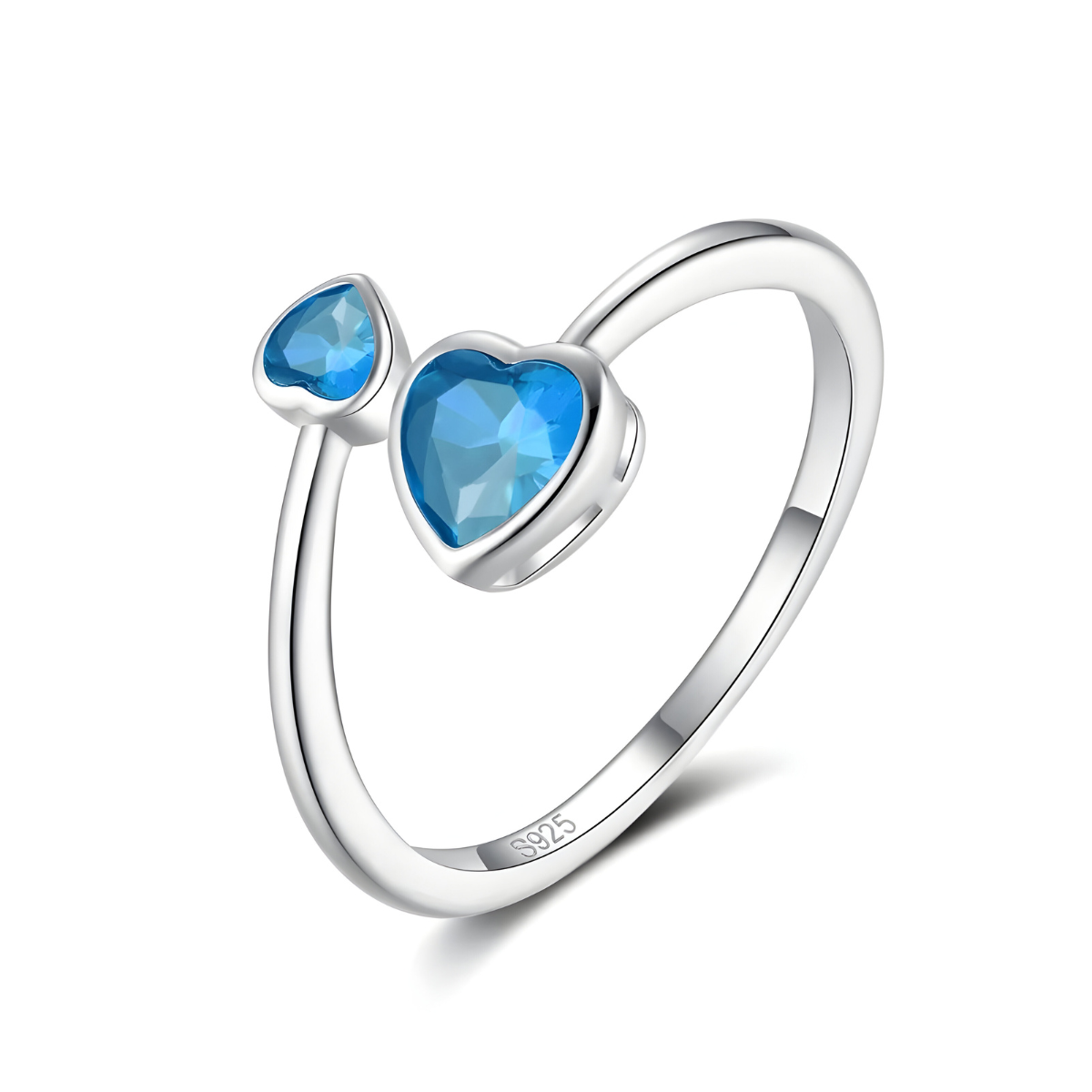 bague aigue marine moderne en argent avec deux pierres bleu clair en forme de cœur serties sur un anneau ouvert