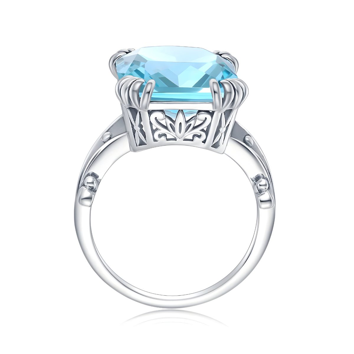 bague aigue marine carrée avec monture argent sculptée vue de face