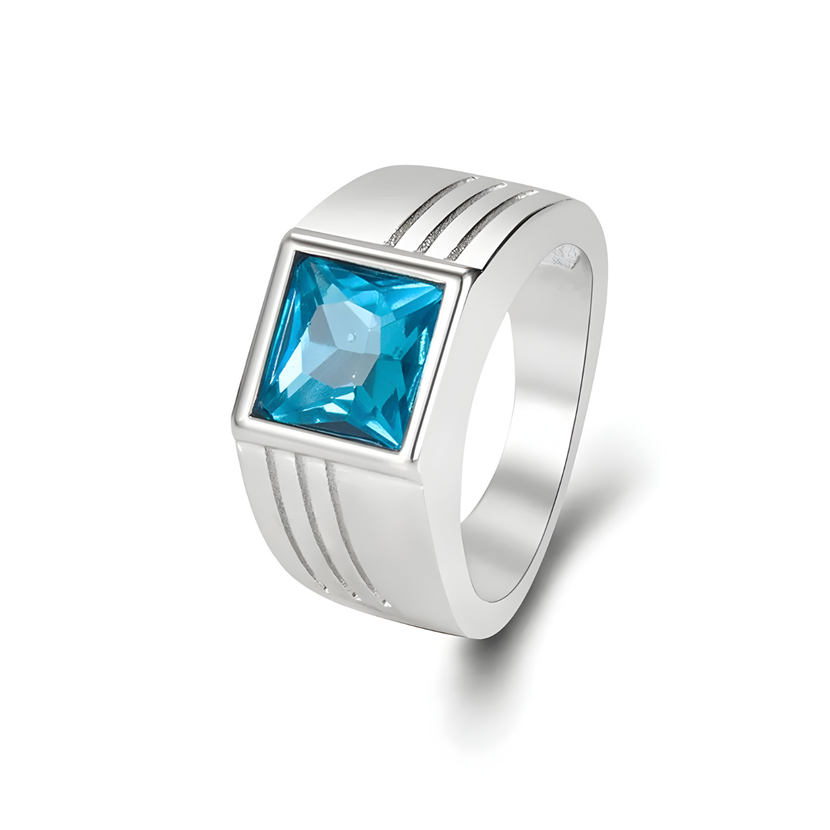 bague aigue marine argent avec pierre carrée facettée bleu océan sur monture large style tank