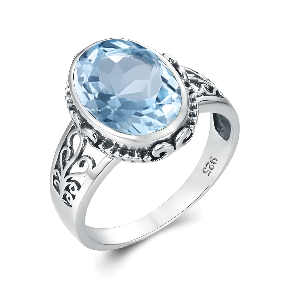 bague argent avec pierre aigue marine facettée sertie et anneau décoré