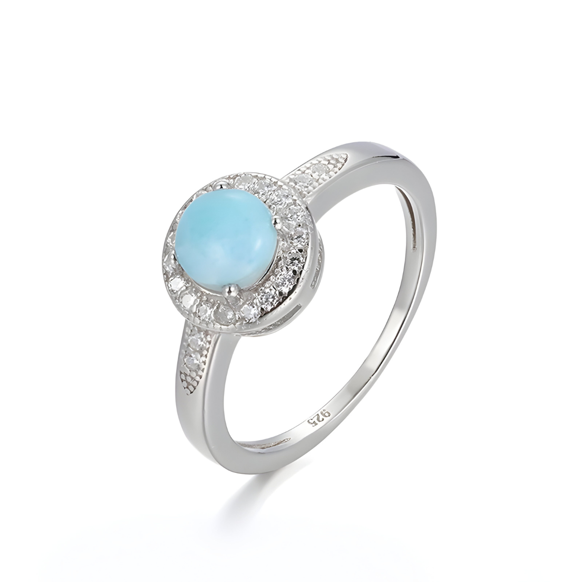 bague aigue marine jonc avec pierre ronde centrale bleue entourée de petits cristaux sur anneau argenté