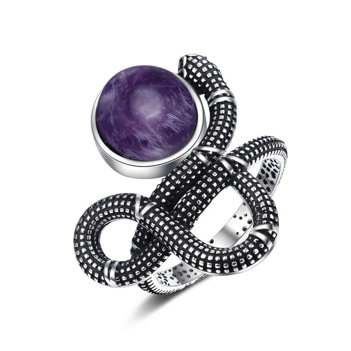 bague améthyste argent avec pierre ronde violette en cabochon montée sur anneau serpent noirci à motifs texturés entrelacés