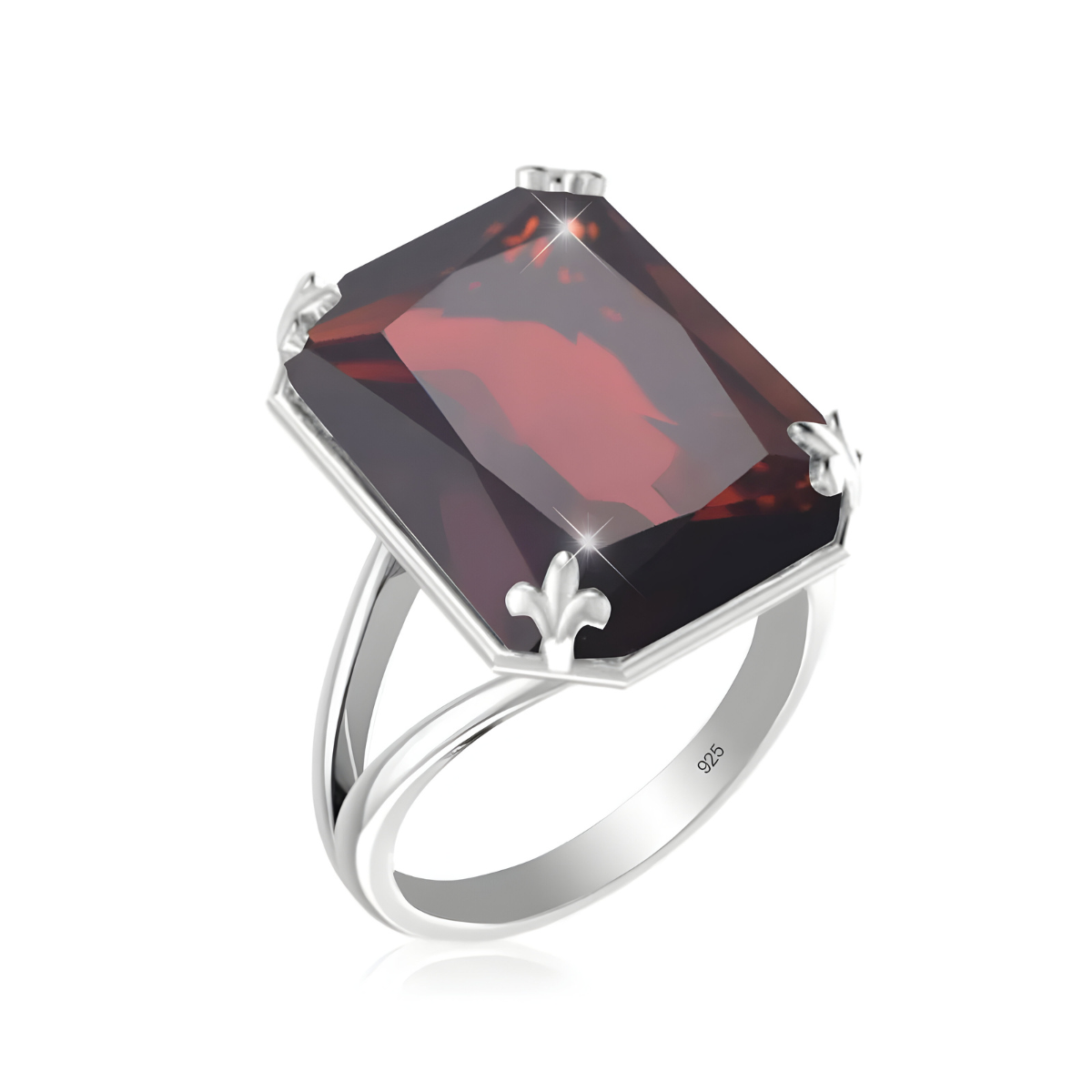 bague grenat argent 925 avec grande pierre rectangulaire rouge sertie de griffes fleur de lys