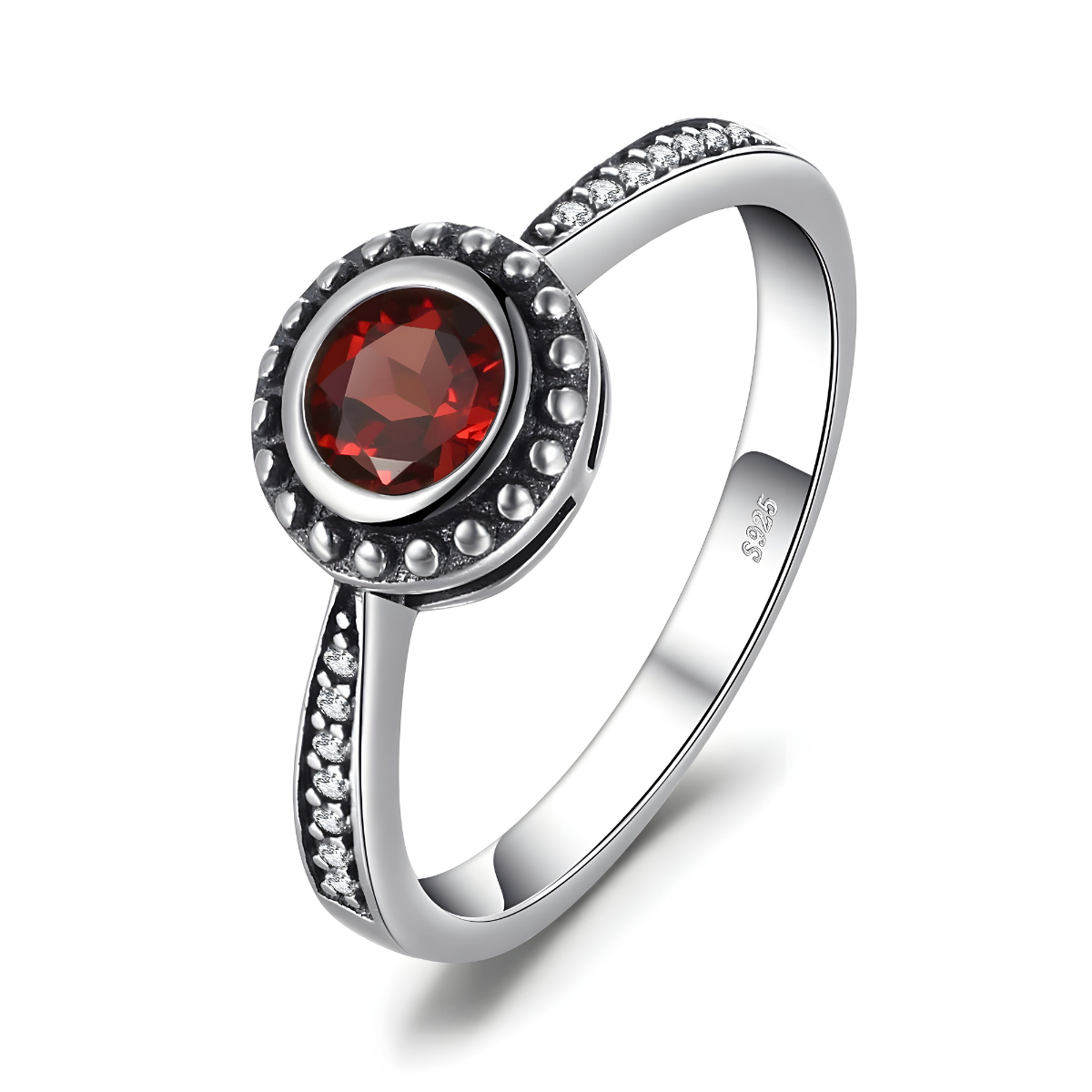 bague grenat argent 925 avec pierre ronde rouge et anneau serti de petits oxydes blancs