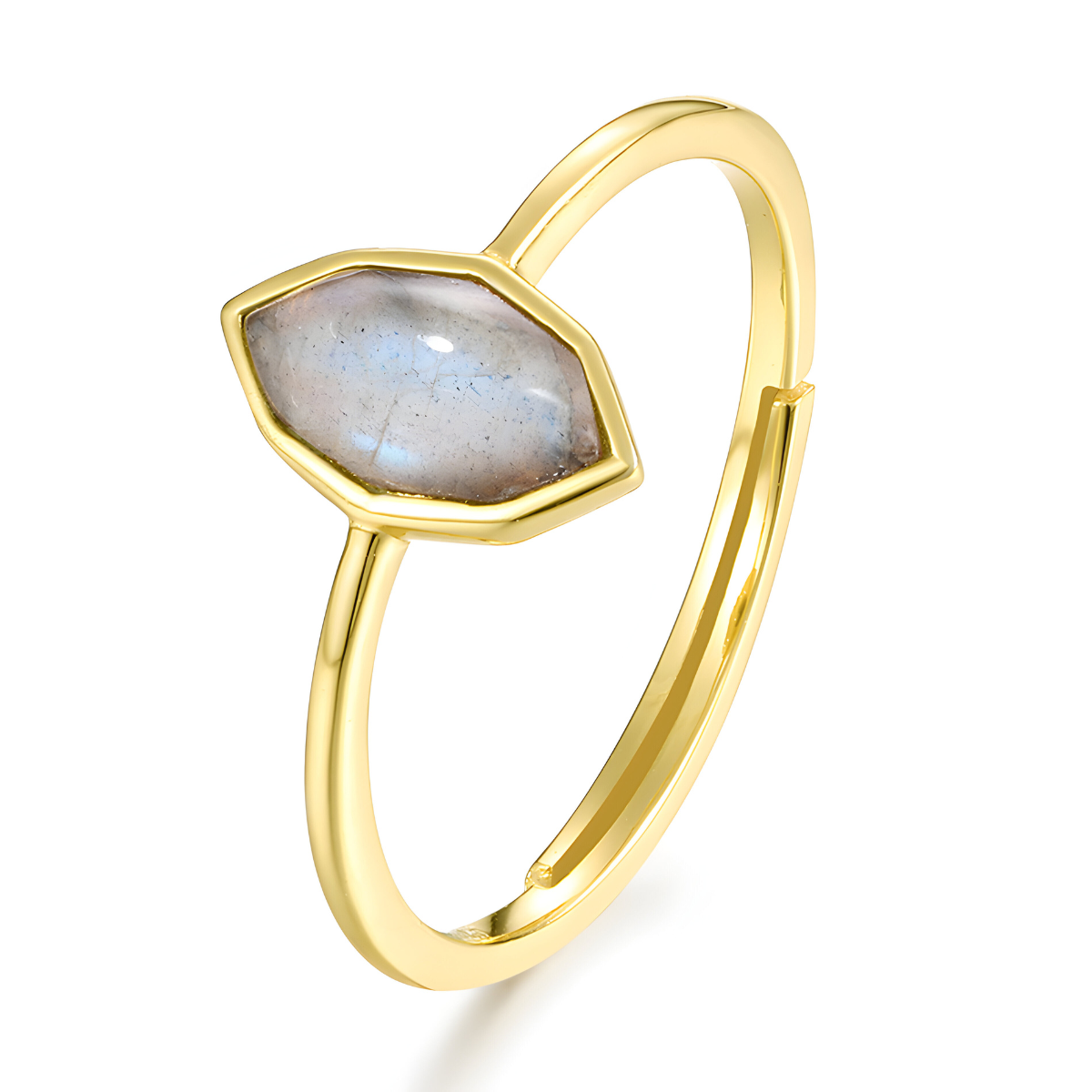 bague labradorite blanche en or avec pierre taillée en forme de losange et anneau fin doré