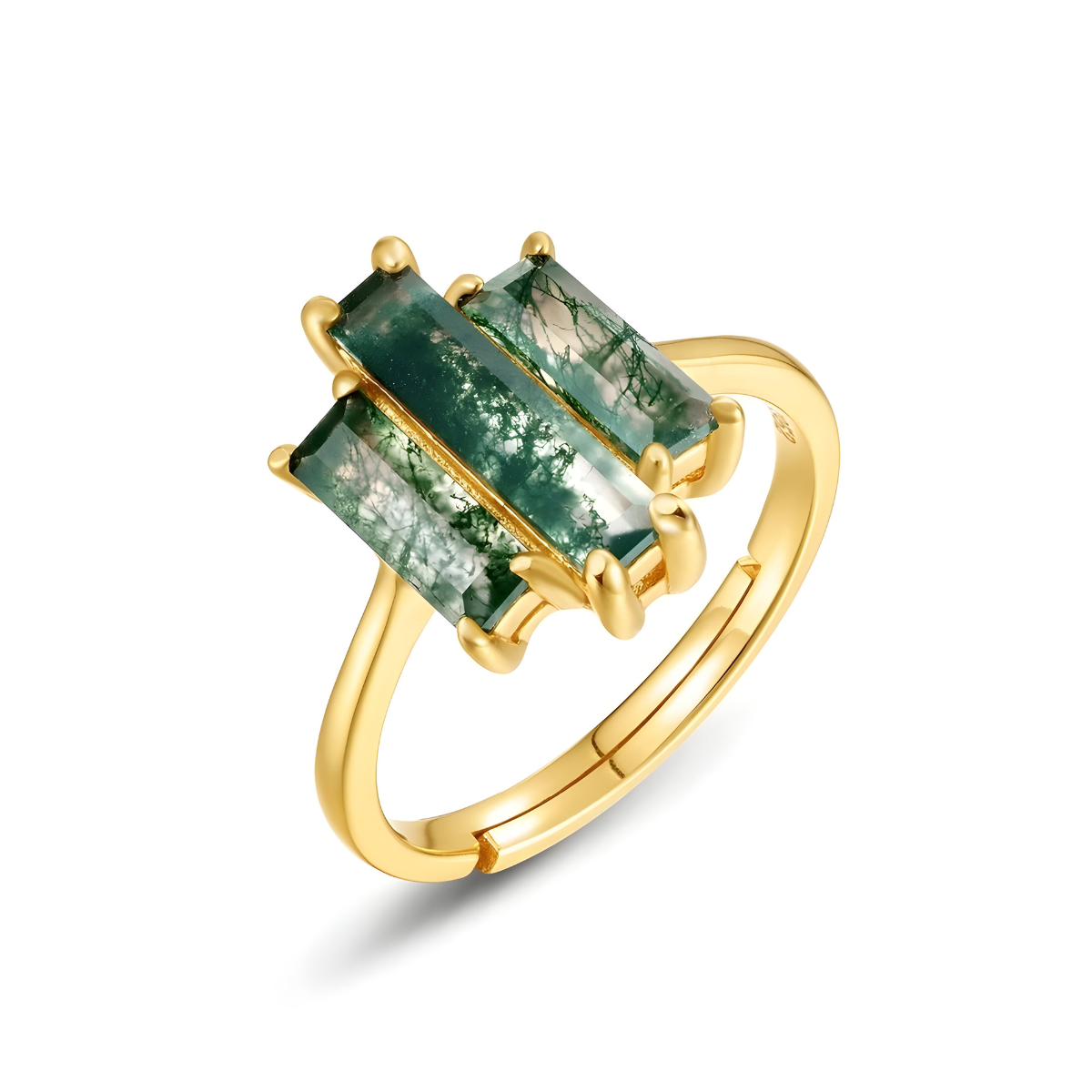 bague malachite à deux pierres rectangulaires serties verticalement sur anneau doré ajustable