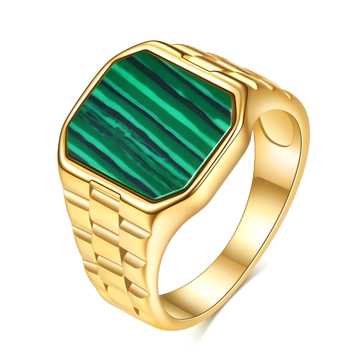 bague malachite carrée à rayures vertes sertie sur un anneau doré à motif géométrique sculpté