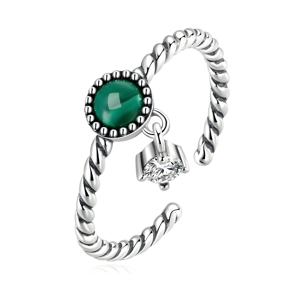 bague malachite ronde montée sur anneau torsadé argenté avec petit pendentif cristal