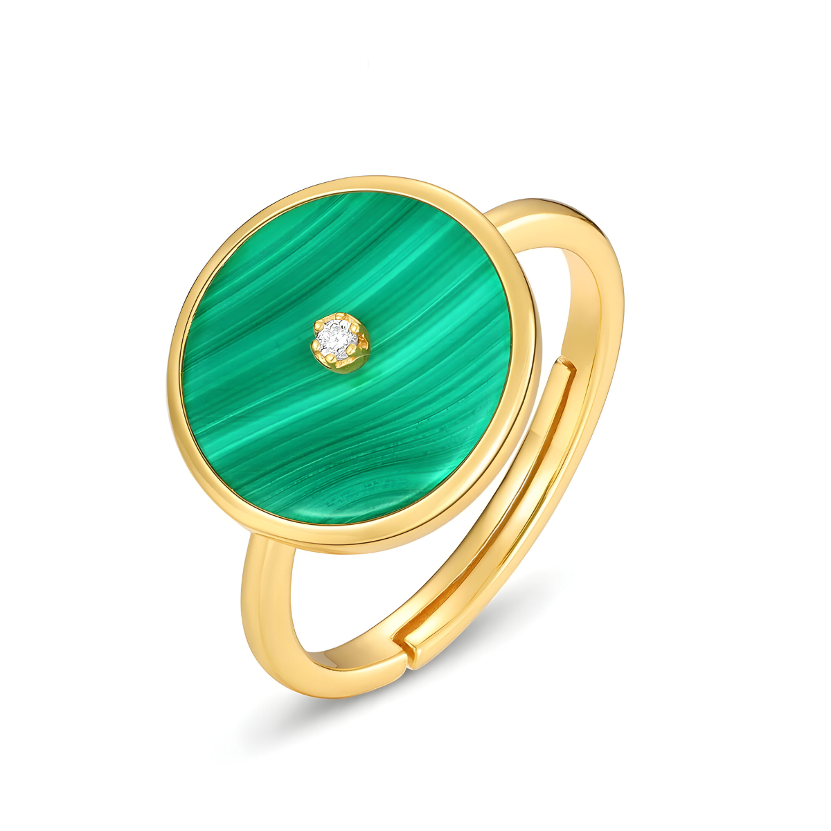bague malachite ronde verte avec motif circulaire et pierre centrale sur monture dorée ajustable