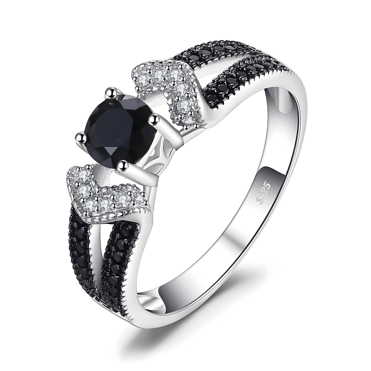 bague obsidienne avec pierre noire ronde sertie de griffes sur monture argentée décorée de petits oxydes noirs et blancs en motif géométrique