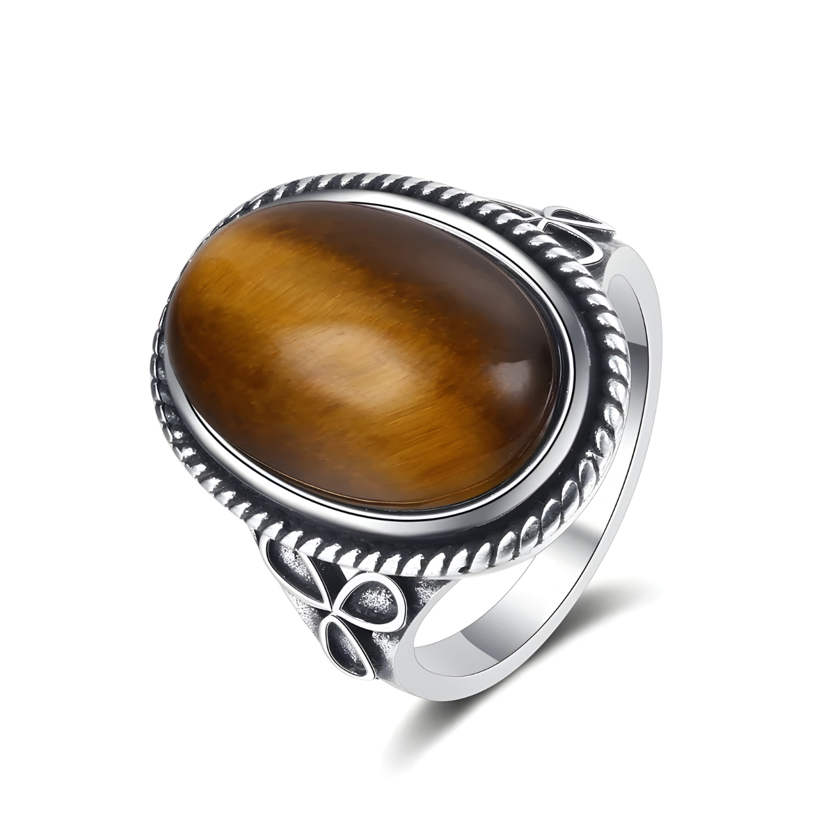 Bague oeil de tigre en argent avec pierre ovale marron doré sertie dans un anneau décoré de motifs en corde torsadée et arabesques gravées