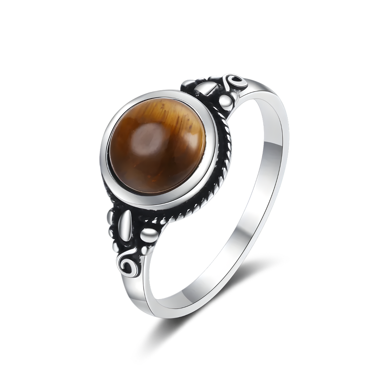 Bague oeil de tigre en argent avec pierre ronde marron en cabochon sertie au centre d’un anneau fin décoré de motifs en relief noirs
