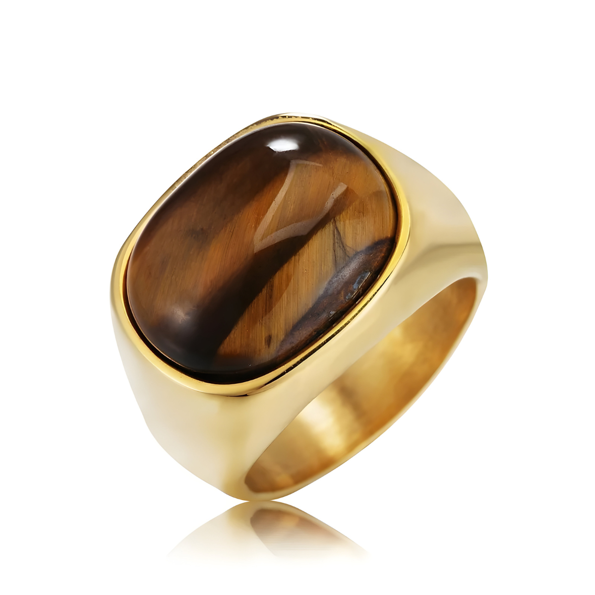 Bague oeil de tigre en acier doré avec pierre ovale marron foncé polie sertie sur un anneau massif à surface lisse et finition brillante