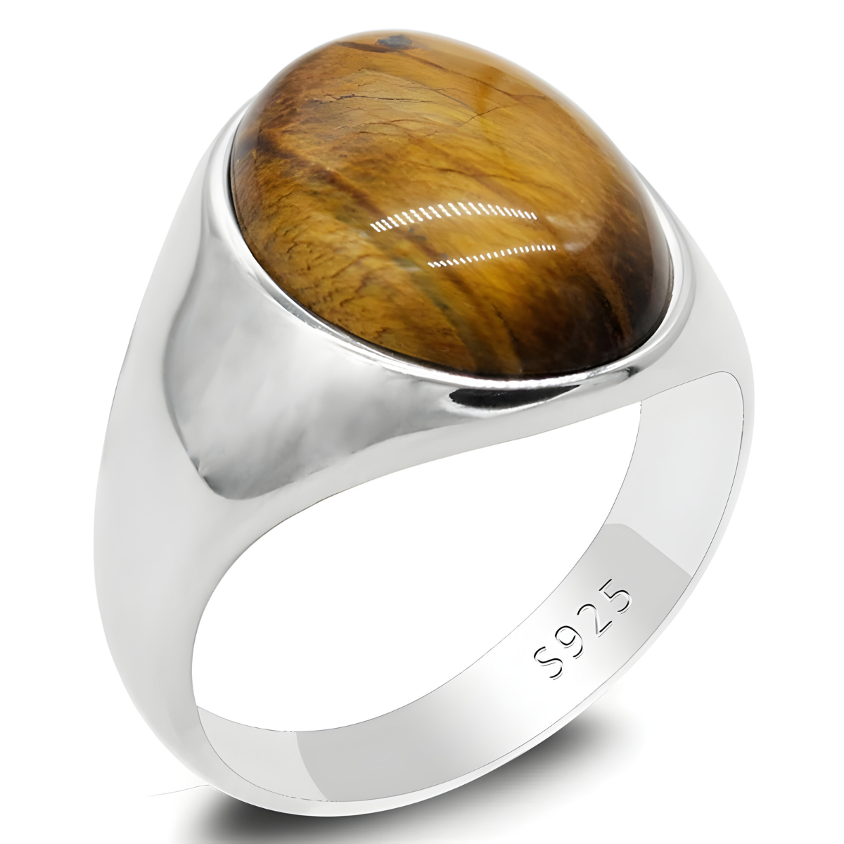 Bague oeil de tigre en argent 925 avec pierre ovale marron doré polie montée sur un anneau lisse et épais à surface brillante