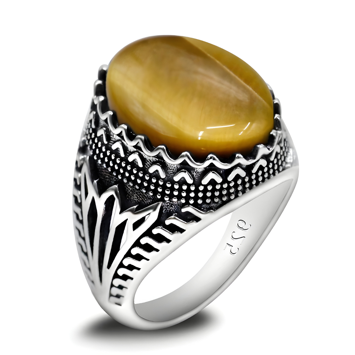 Bague oeil de tigre en argent 925 avec pierre ovale marron clair montée sur un anneau orné de motifs ethniques et de détails texturés