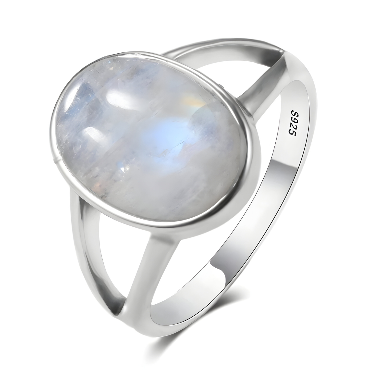 Bague pierre de lune argent 925 ovale cabochon montée sur anneau argenté ouvert à double bande lisse