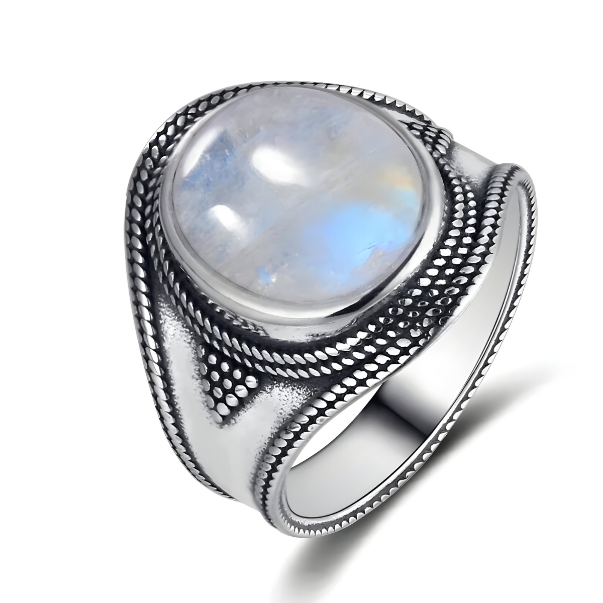 Bague pierre de lune ancienne avec pierre ovale aux reflets bleutés sertie sur anneau argent 925 au design vintage ciselé