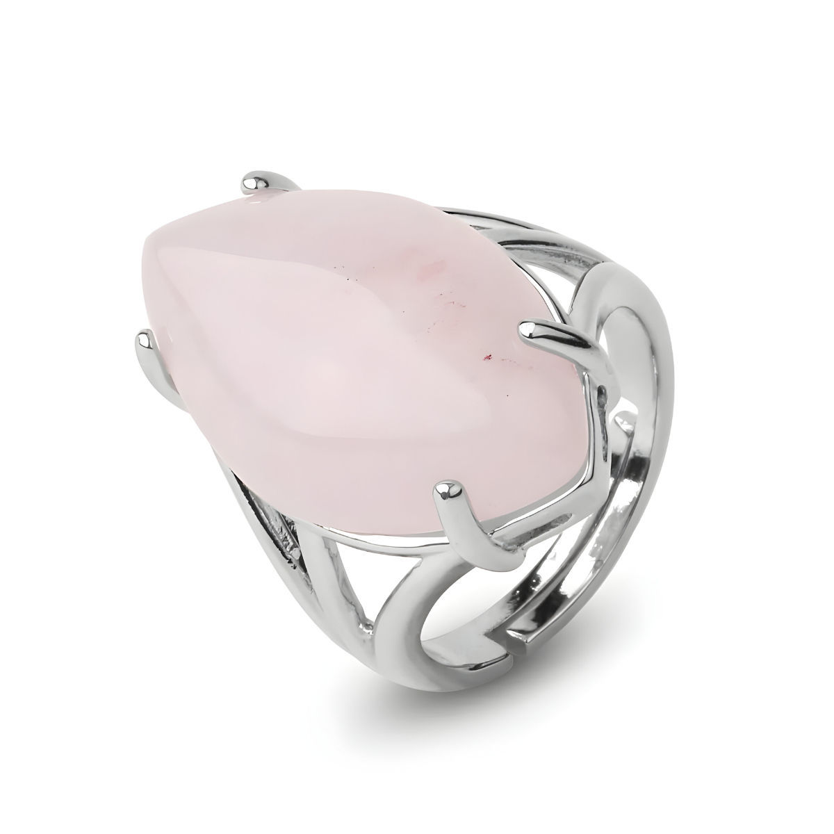 Bague quartz rose argent en forme marquise montée sur anneau argenté ajouré avec sertissage à griffes fines