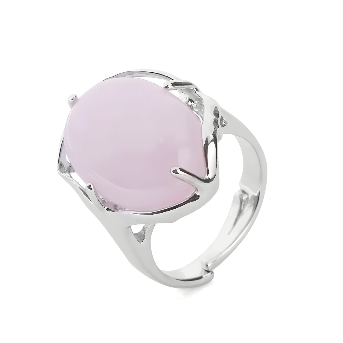 Bague quartz rose argent ovale cabochon montée sur anneau argenté ajouré avec sertissage à griffes larges