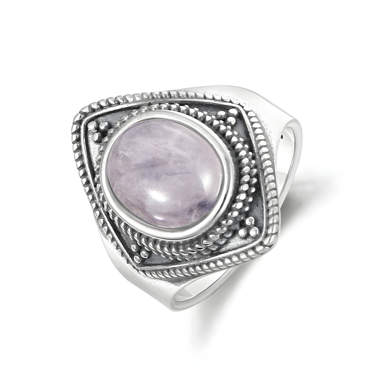 Bague quartz rose argent ovale cabochon montée sur anneau argenté avec monture triangulaire décorée de perles en relief