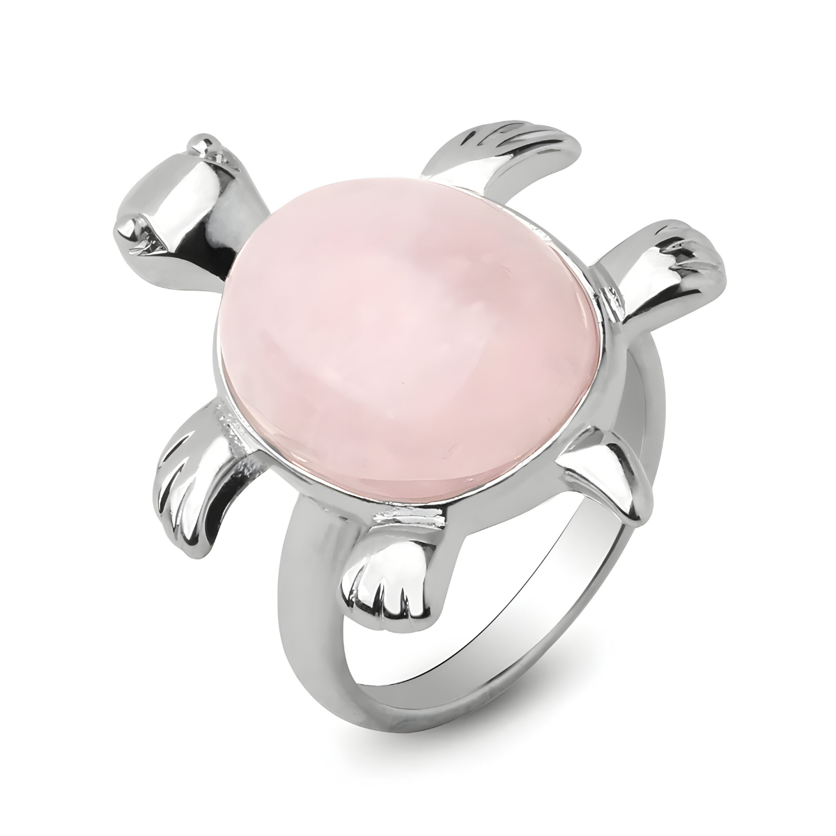 Bague quartz rose argent en forme de tortue avec pierre ovale cabochon montée sur un anneau argenté lisse