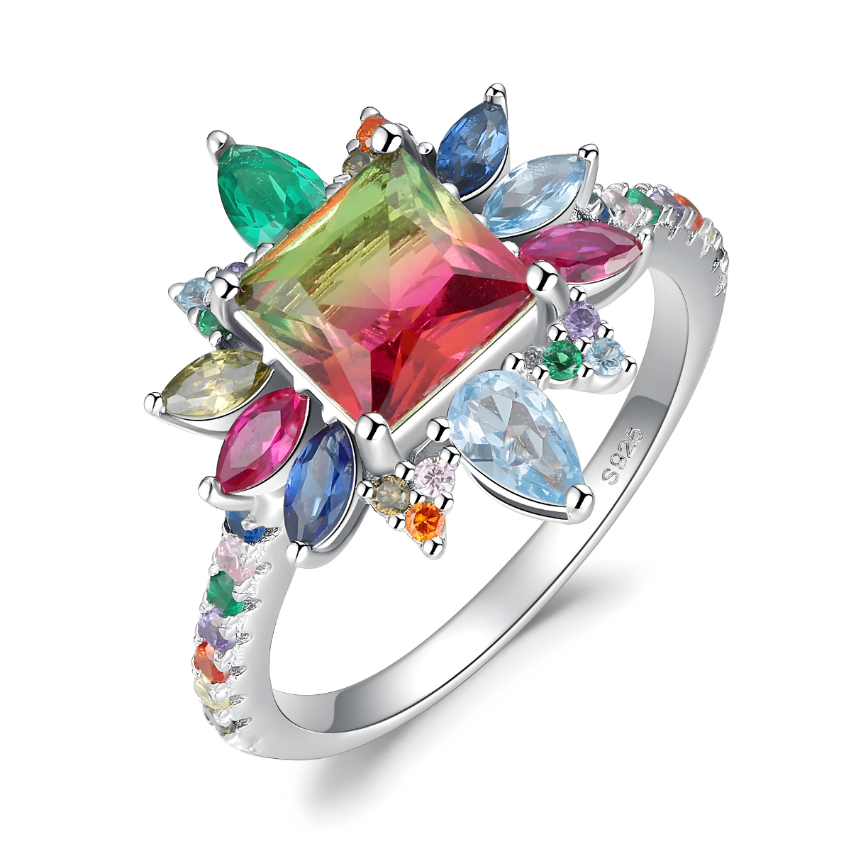 Bague tourmaline melon d’eau carrée multicolore sertie sur anneau argenté avec pierres fines colorées en forme de goutte et navette