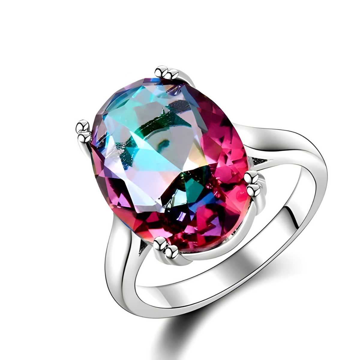 Bague tourmaline ovale multicolore sertie sur anneau argenté à double branche avec quatre griffes