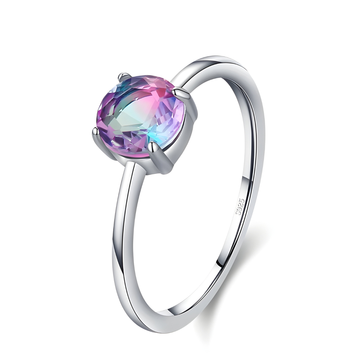 Bague tourmaline ronde multicolore sertie sur anneau argenté fin avec quatre griffes arrondies