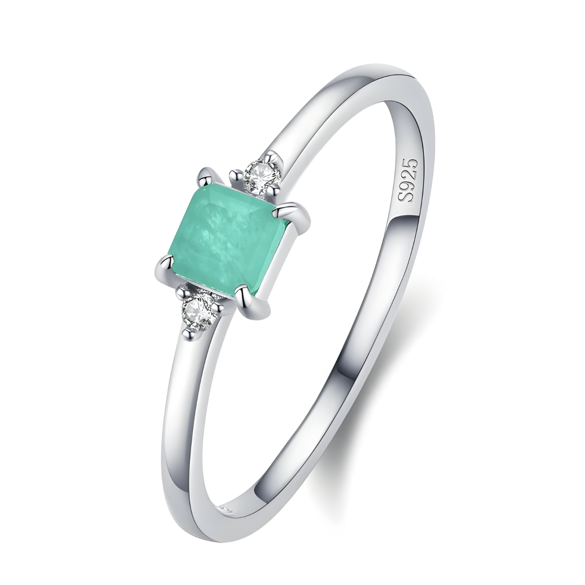 Bague tourmaline paraiba carrée sertie sur anneau argenté 925 avec deux petites pierres rondes blanches