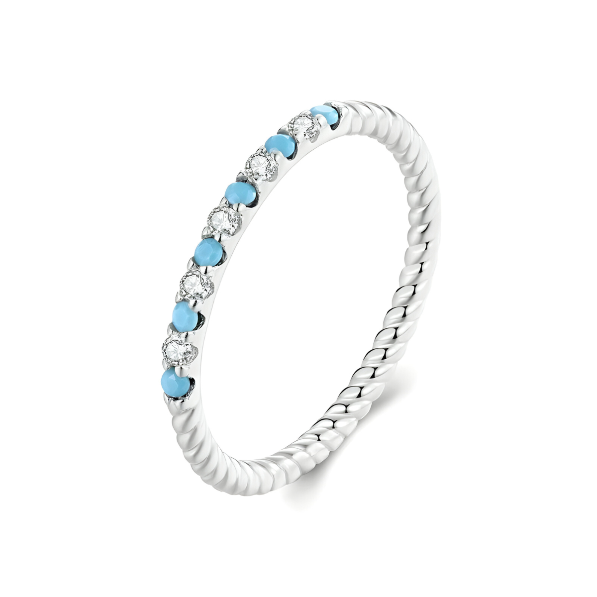 Bague turquoise argent en anneau torsadé décoré de petites pierres rondes bleu ciel et de cristaux transparents en serti griffe sur le dessus
