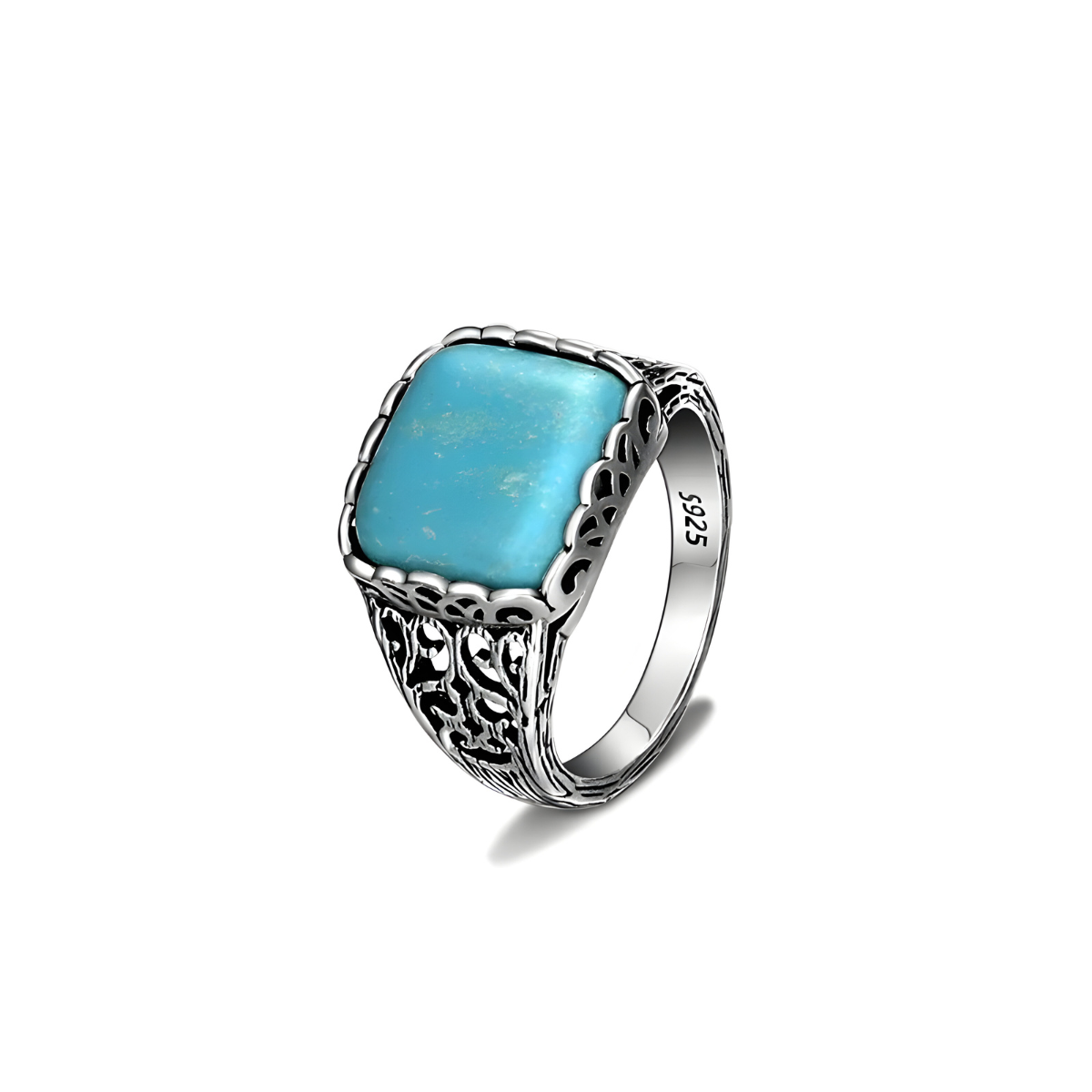 Bague turquoise fantaisie avec pierre carrée bleue sertie sur une monture argentée sculptée de motifs floraux
