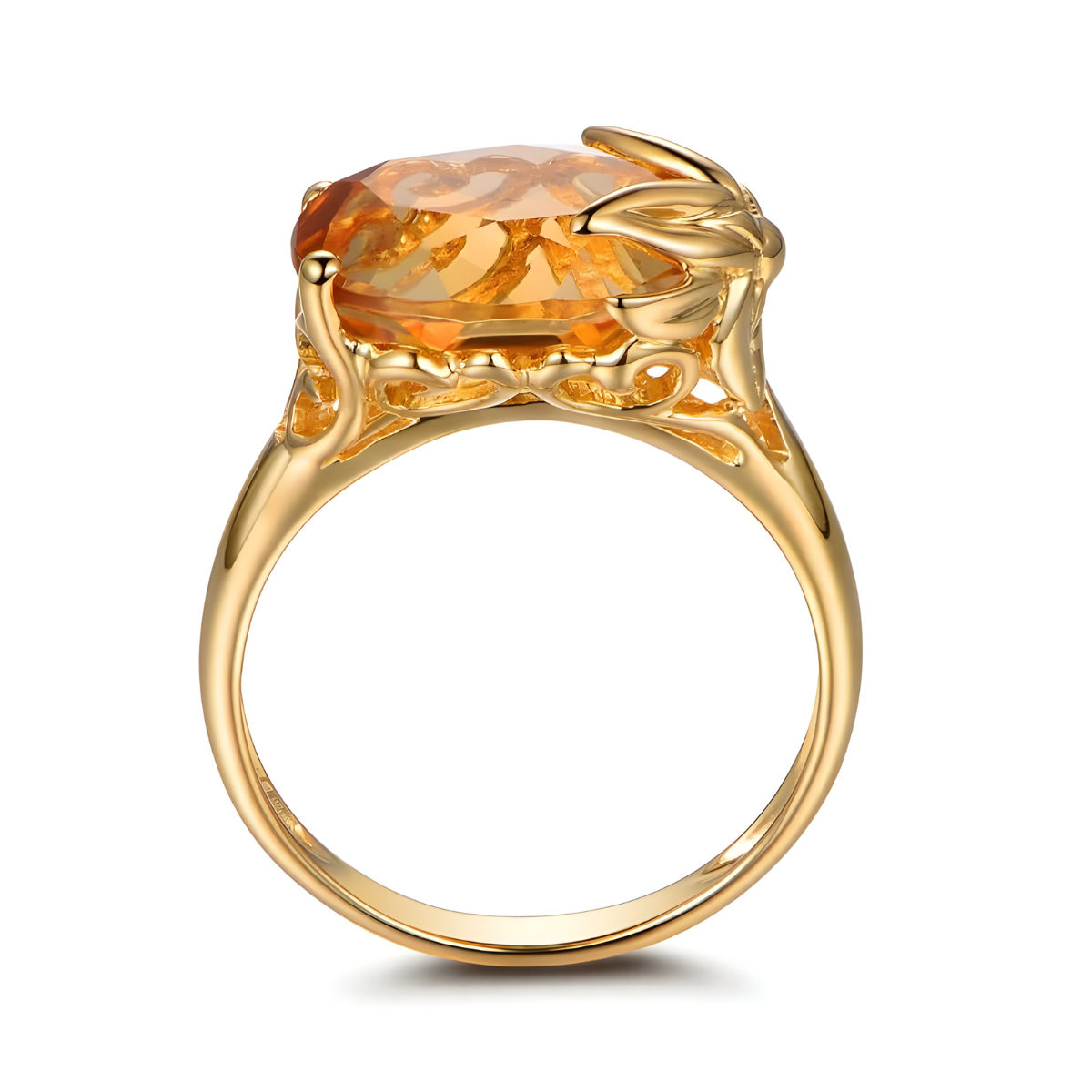 Bague citrine or jaune avec monture florale et pierre ovale facettée sertie en griffes