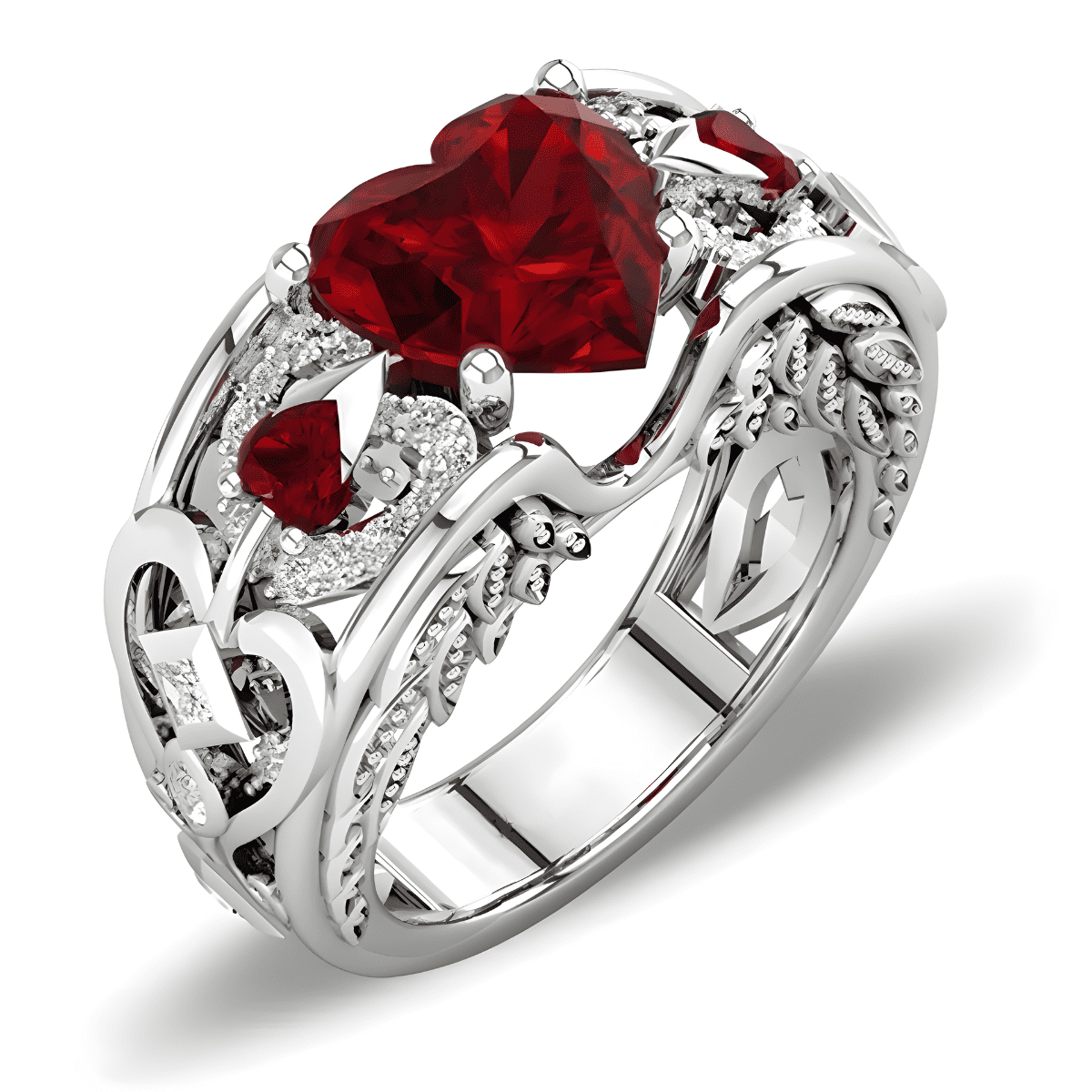 bague grenat argent ornée d’un grenat rouge en forme de cœur entouré de pierres scintillantes et de détails ajourés élégants