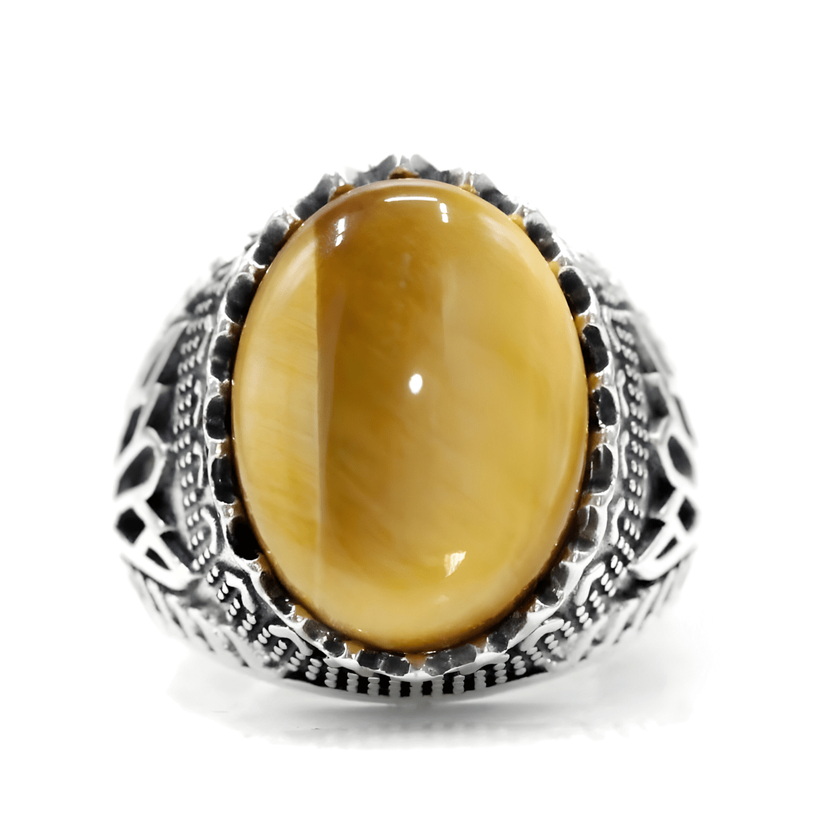 Bague œil de tigre jaune ovale avec monture argentée ciselée pour homme