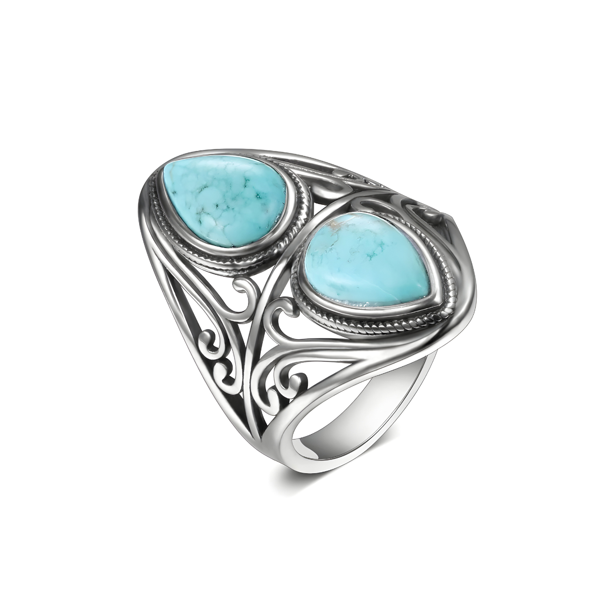 Bague turquoise argent avec deux pierres goutte serties sur une monture ajourée en arabesques argentées