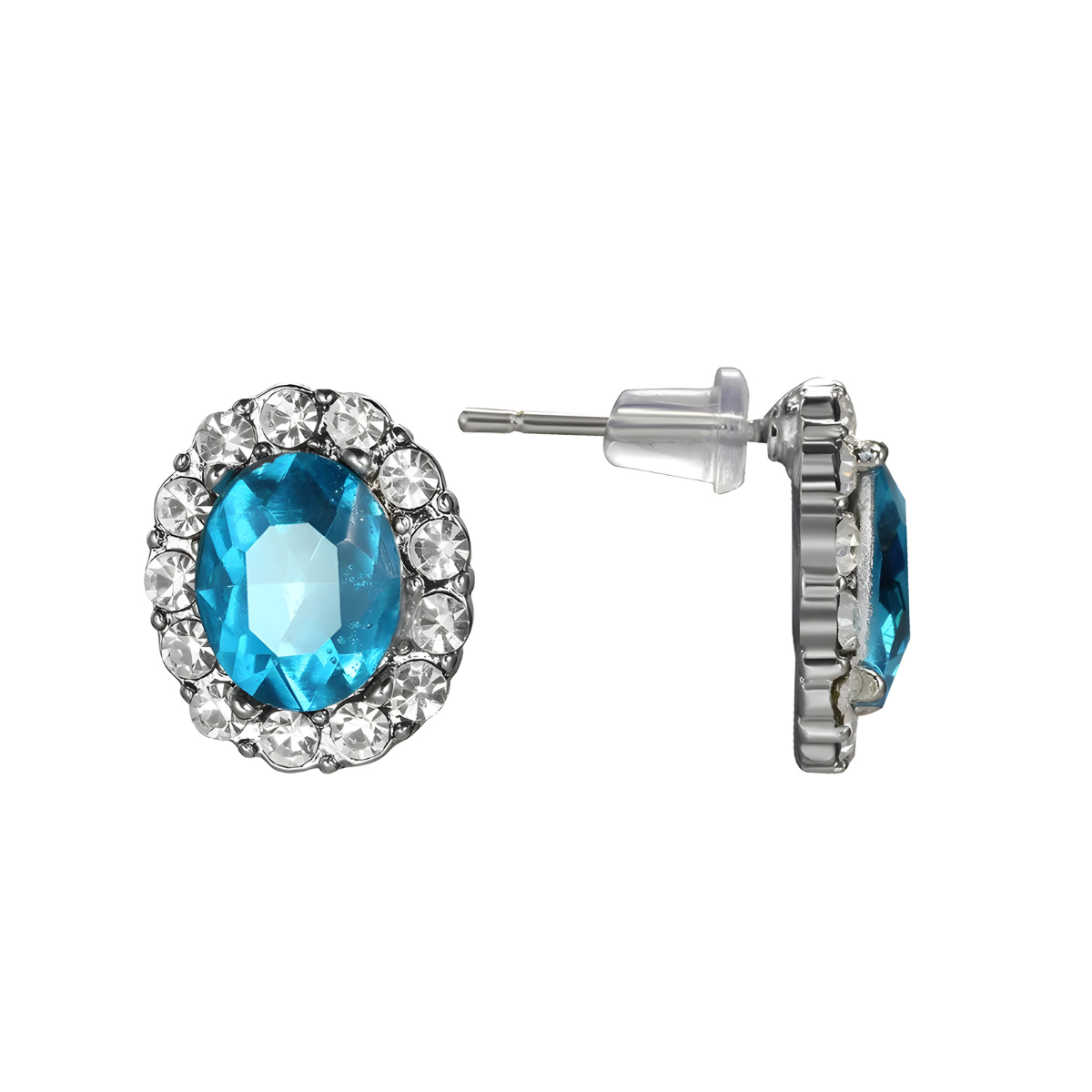 Boucles d’oreilles aigue marine ovales avec pierre bleue facettée entourée de petits cristaux ronds transparents en serti argenté