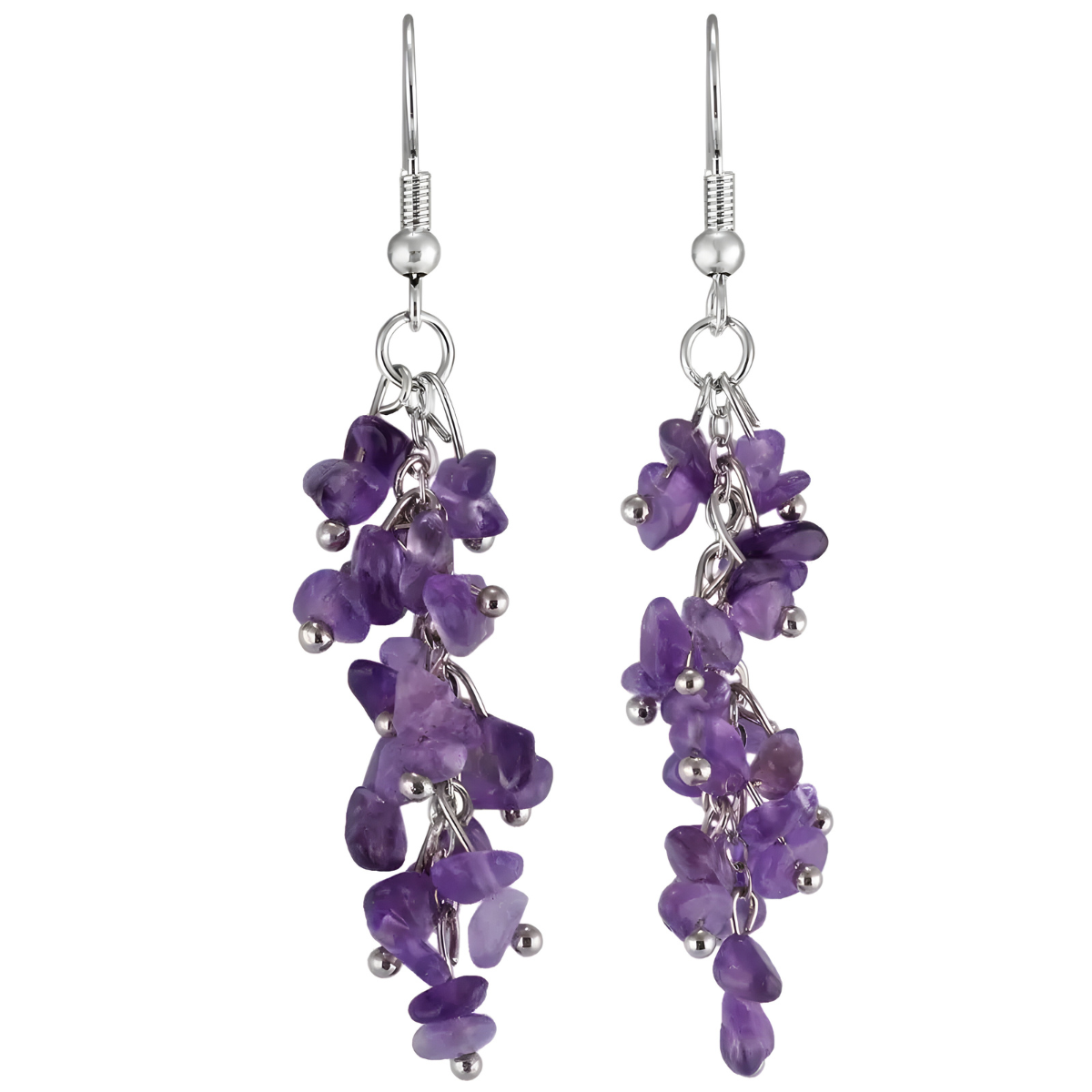 Boucles d’oreilles améthyste pendantes composées de chips de pierre violette montées sur chaînes en métal argenté