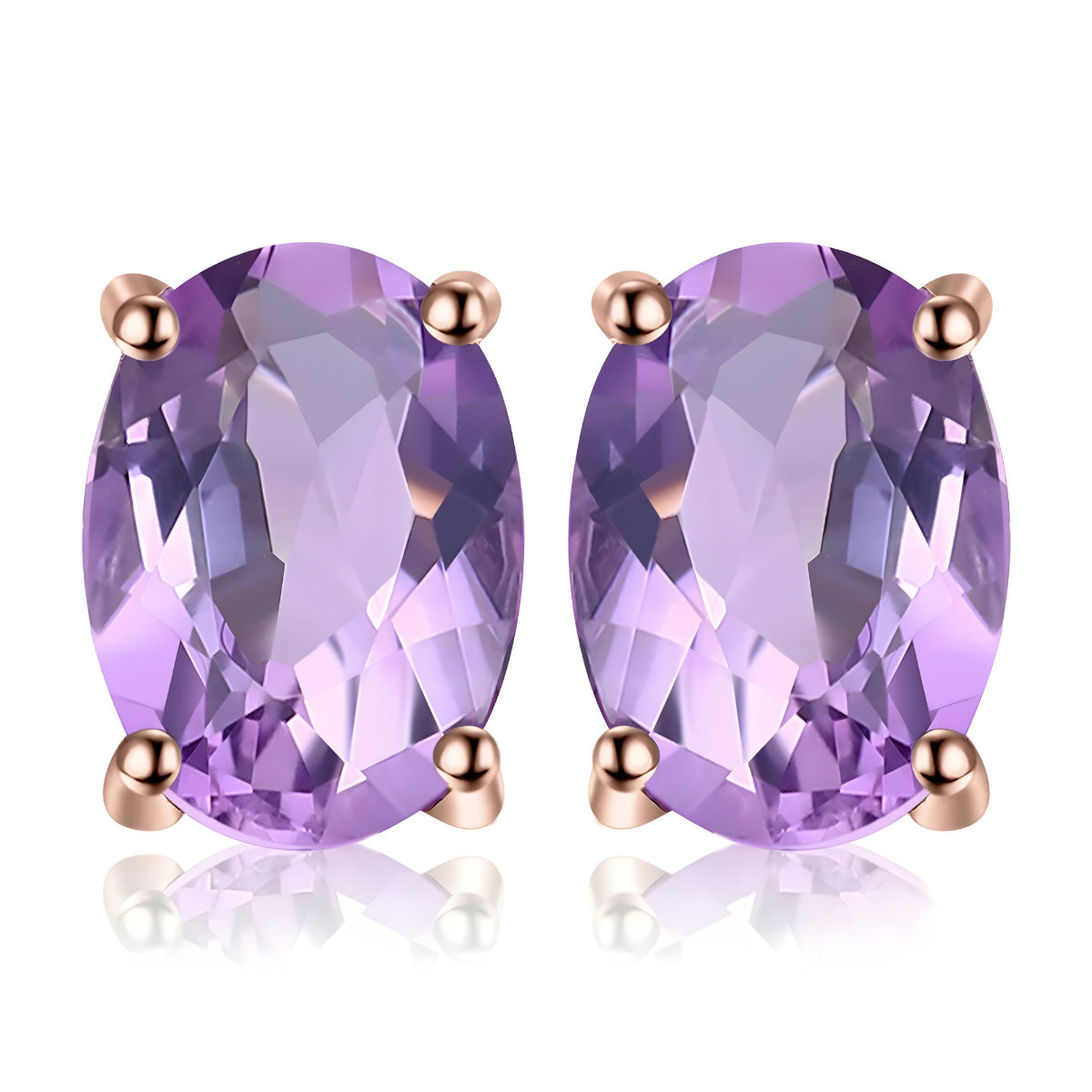 Boucles d’oreilles améthyste ovales facettées avec serti à griffes en métal doré rose et pierre violette à reflets lavande