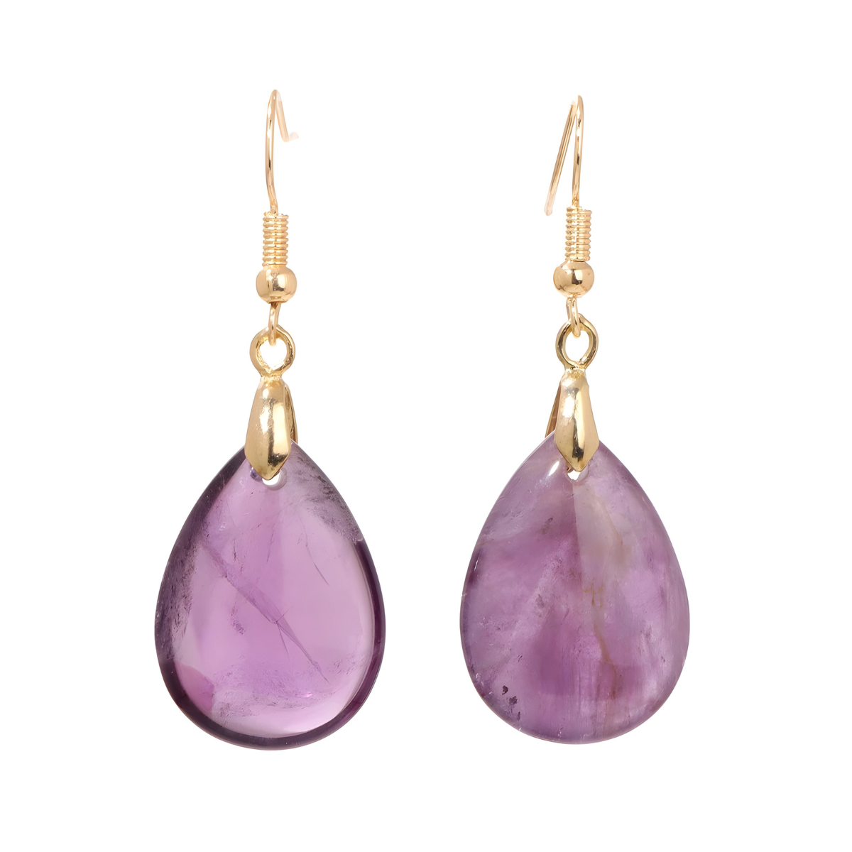 Boucles d’oreilles améthyste en forme de goutte lisse avec attache dorée et pierre violette légèrement translucide