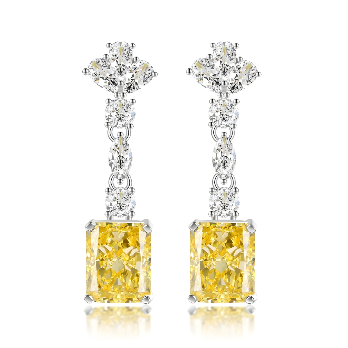 Boucles d’oreilles pendantes en argent avec citrines rectangulaires et oxydes scintillants, éclat luxueux et rayonnement solaire