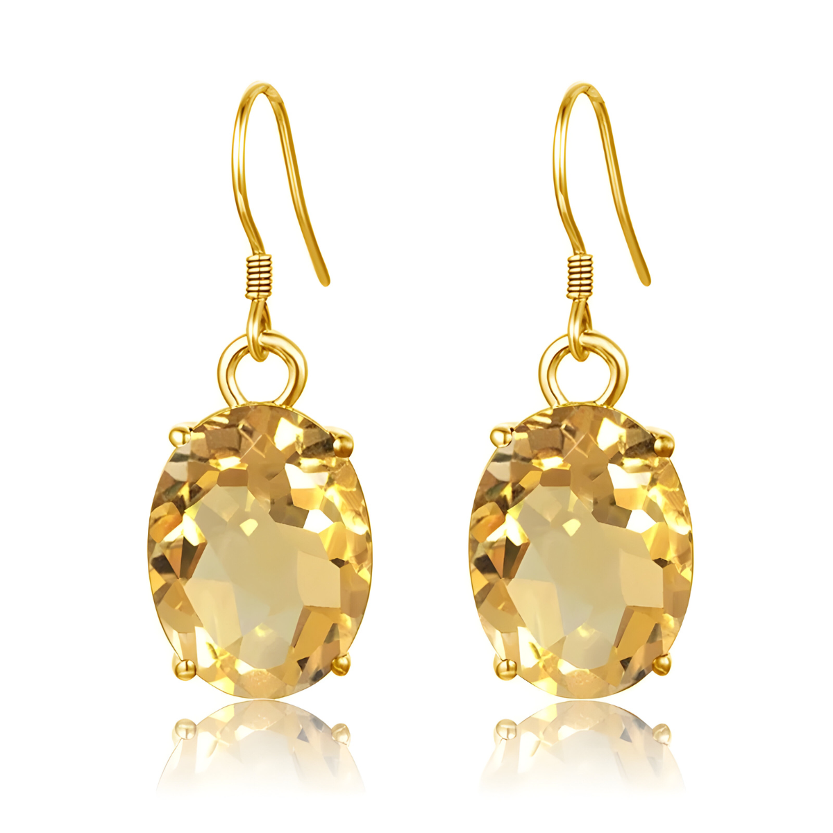 Boucles d’oreilles pendantes en citrine ovale facettée, monture crochet dorée, pierre jaune clair semi-transparente