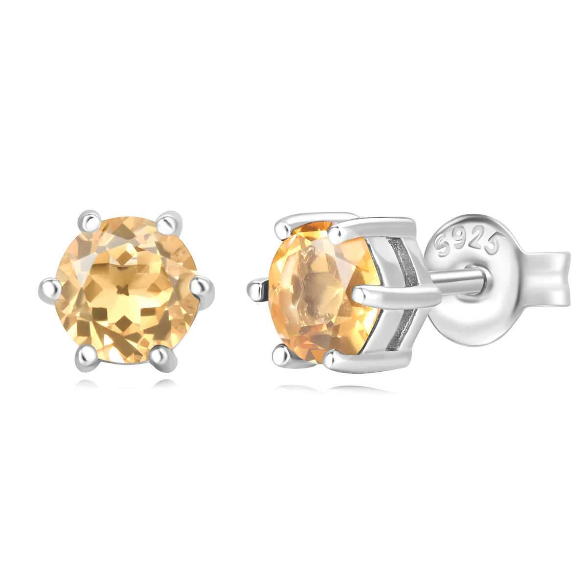 boucle d’oreille citrine ronde sertie par six griffes en argent 925 avec fermoir papillon gravé