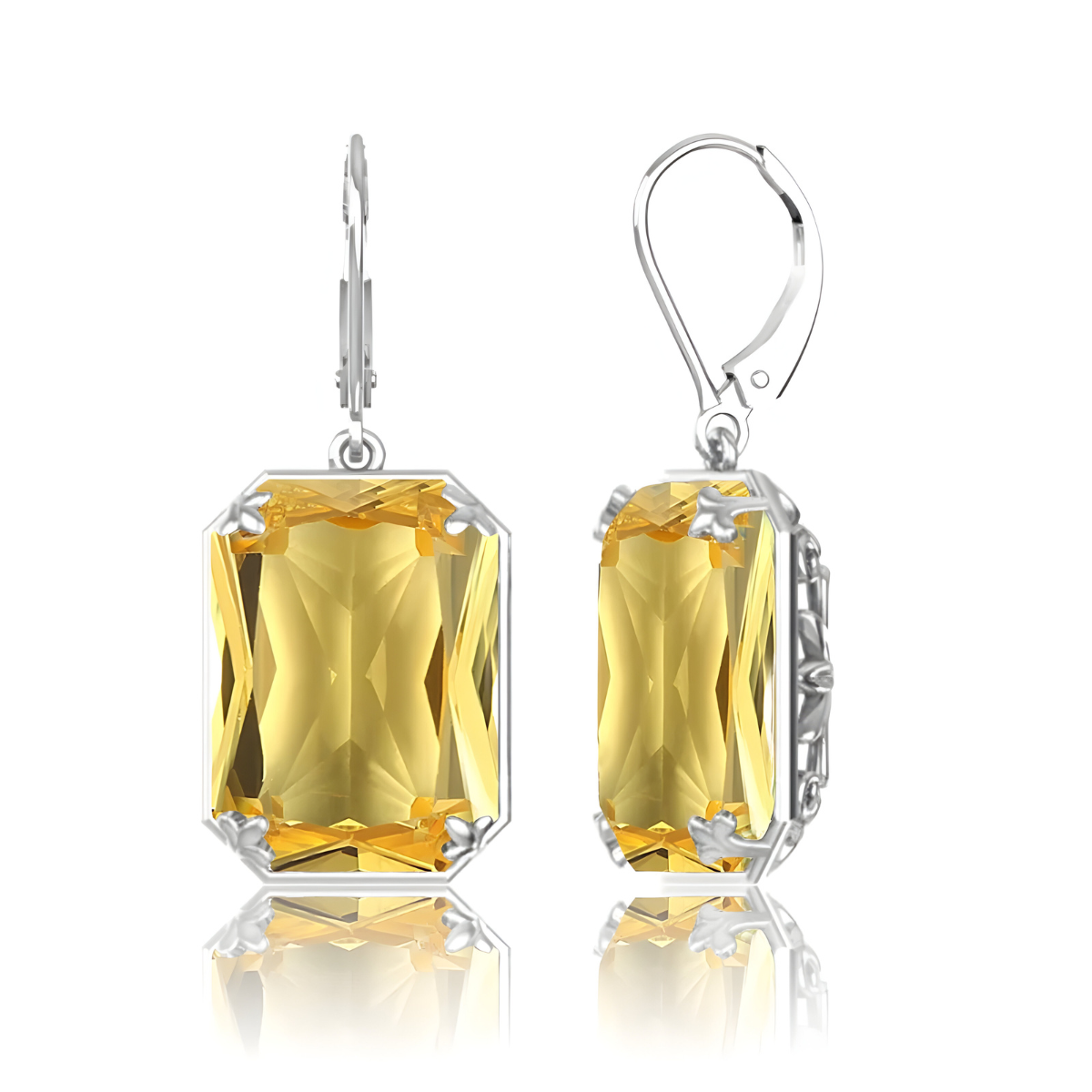 Boucles d’oreilles pendantes en argent avec citrines rectangulaires facettées, monture ajourée élégante et éclat lumineux