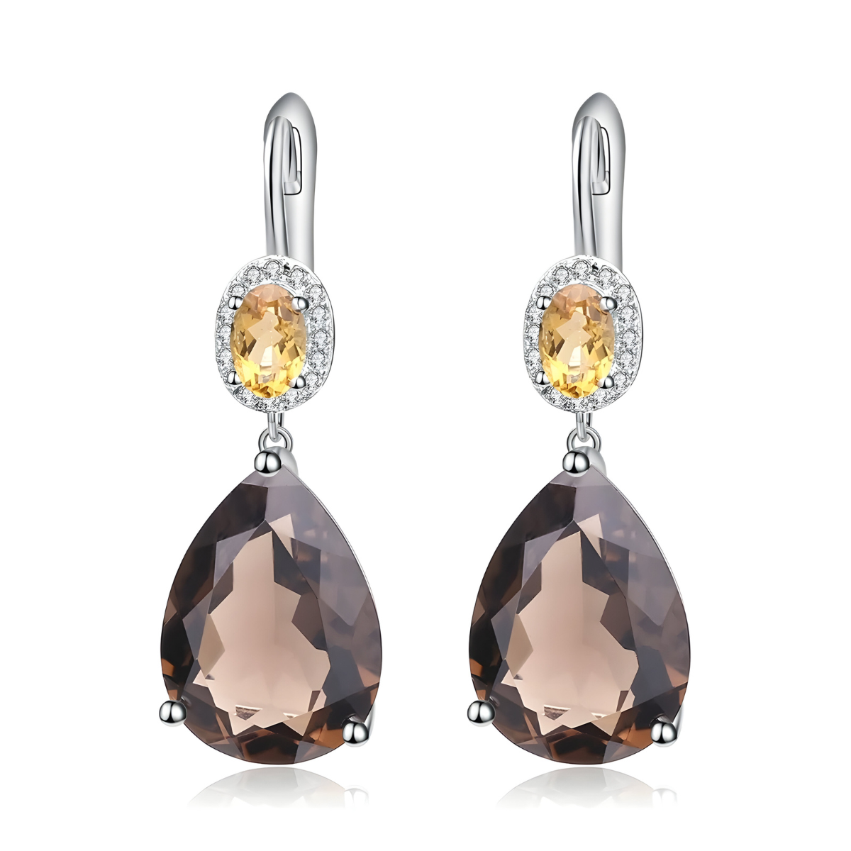 boucle d’oreille citrine avec double pierre facettée en forme ovale et poire monture argentée