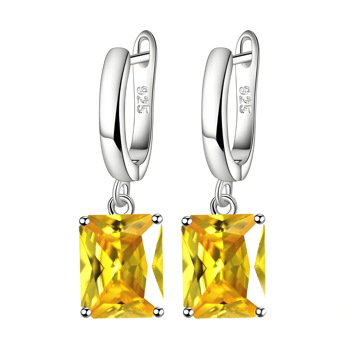 Boucles d’oreilles pendantes en citrine taille émeraude, montées sur créoles en argent 925 pour une touche lumineuse et solaire
