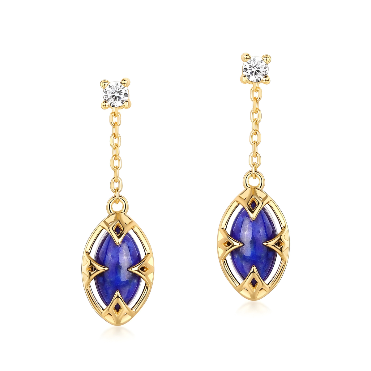 Boucles d’oreilles lapis lazuli pendantes avec pierre ovale bleue sertie sur monture dorée ajourée et chaîne fine ornée d’un strass