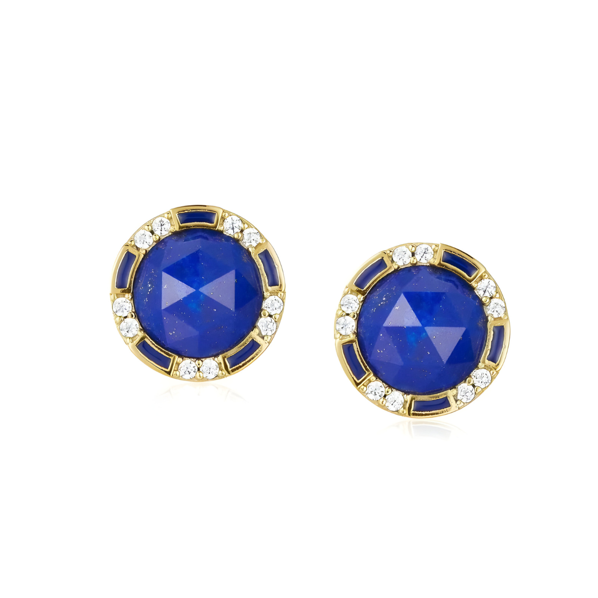 Boucles d’oreilles lapis lazuli rondes avec pierre centrale facettée bleu profond entourée de cristaux blancs et d’incrustations bleues sur monture dorée
