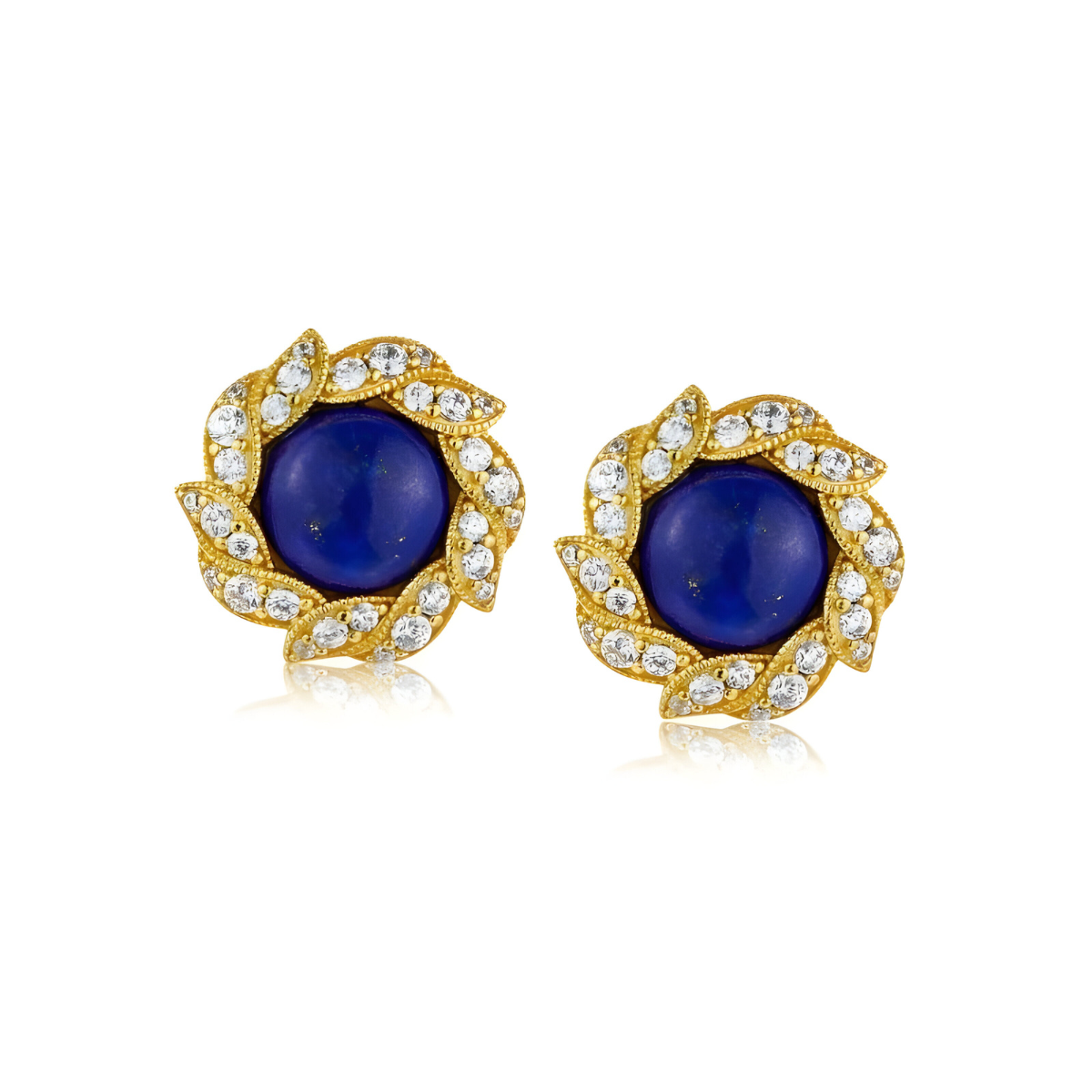 Boucles d’oreilles lapis lazuli avec pierre ronde bleue cabochon entourée de pétales dorés sertis de strass brillants