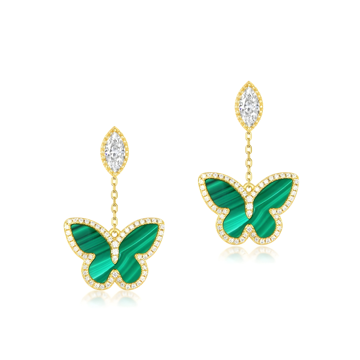 Boucles d’oreilles malachite avec pendentif papillon vert rayé entouré de strass suspendu à une pierre marquise transparente