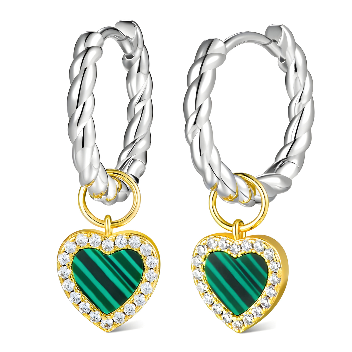 Boucles d’oreilles malachite avec pendentif cœur vert rayé entouré de strass suspendu à un anneau torsadé argenté